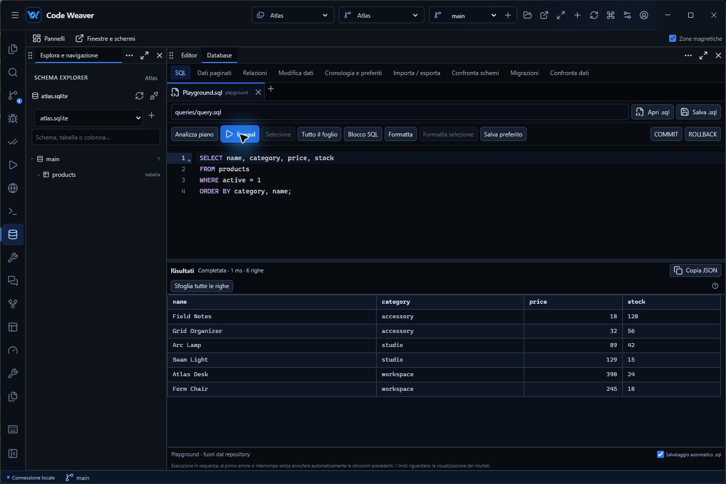 Database: schema, SQL worksheet and results in one workspace.