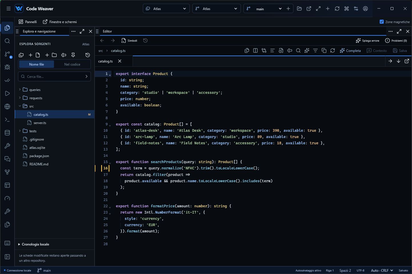 The Code Weaver editor with a TypeScript project.