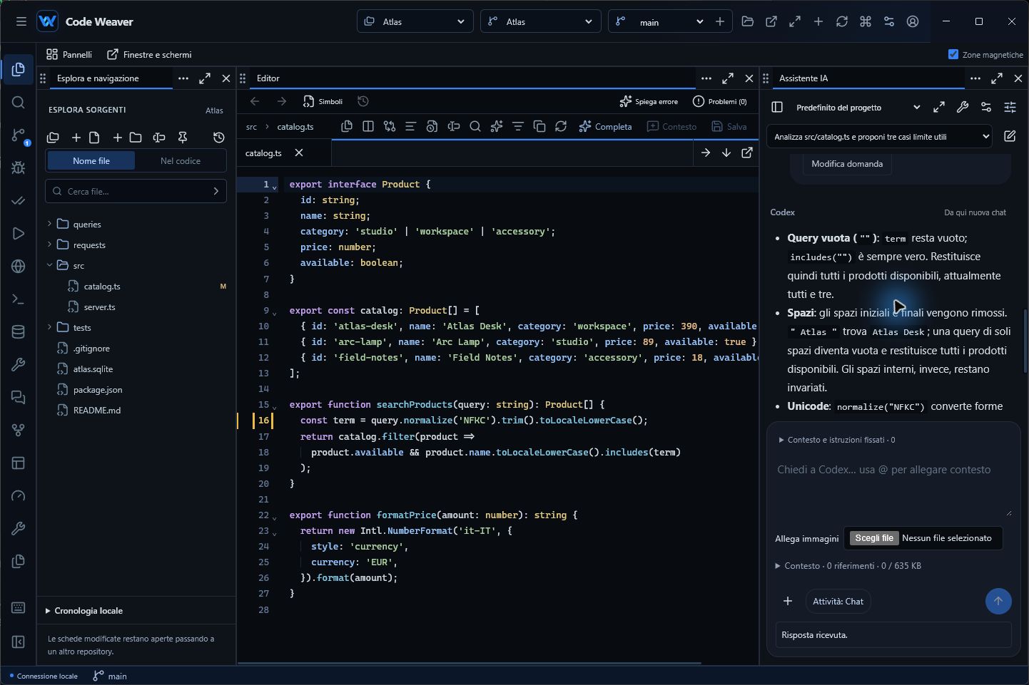 The Code Weaver workspace: sources, editor and assistant side by side.